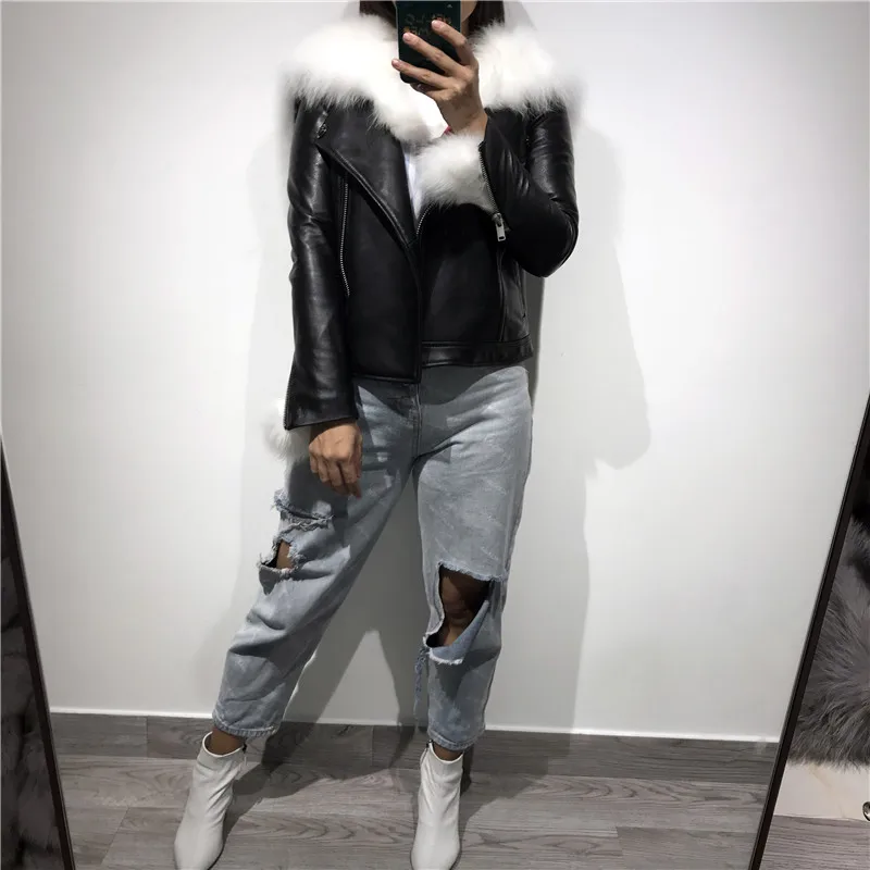 Col Cuir Fourrure Dames Réel Femmes Veste En Noir Véritable De Y6FqH6