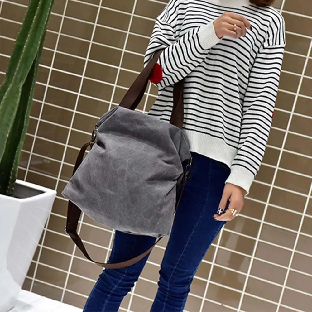 

Casual Solid Color Tote Women Large Capacity Zip Crossbody Shoulder Canvas Bag
