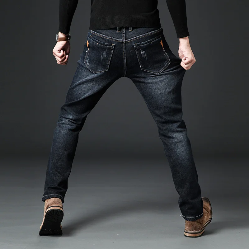 Зимние Новые мужские джинсы утепленные флисовые теплые джинсы стрейч прямые эластичные брюки черные Синие Большие размеры 42 - Цвет: L008 black