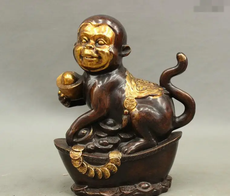 

free 8" Folk Feng Shui Chinese Bronze Gilt Zodiac Monkey On Wealth YuanBao Coin Statue fast