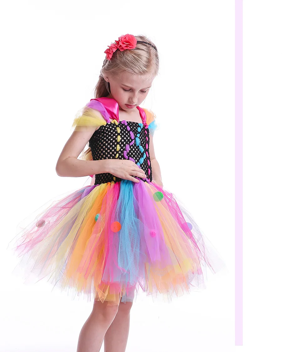 Funky Coloured Clown Style Girls Tutu Dress Circle Embellished Children Tulle Dress for Halloween Parties Role Play Fancy Dress (6)