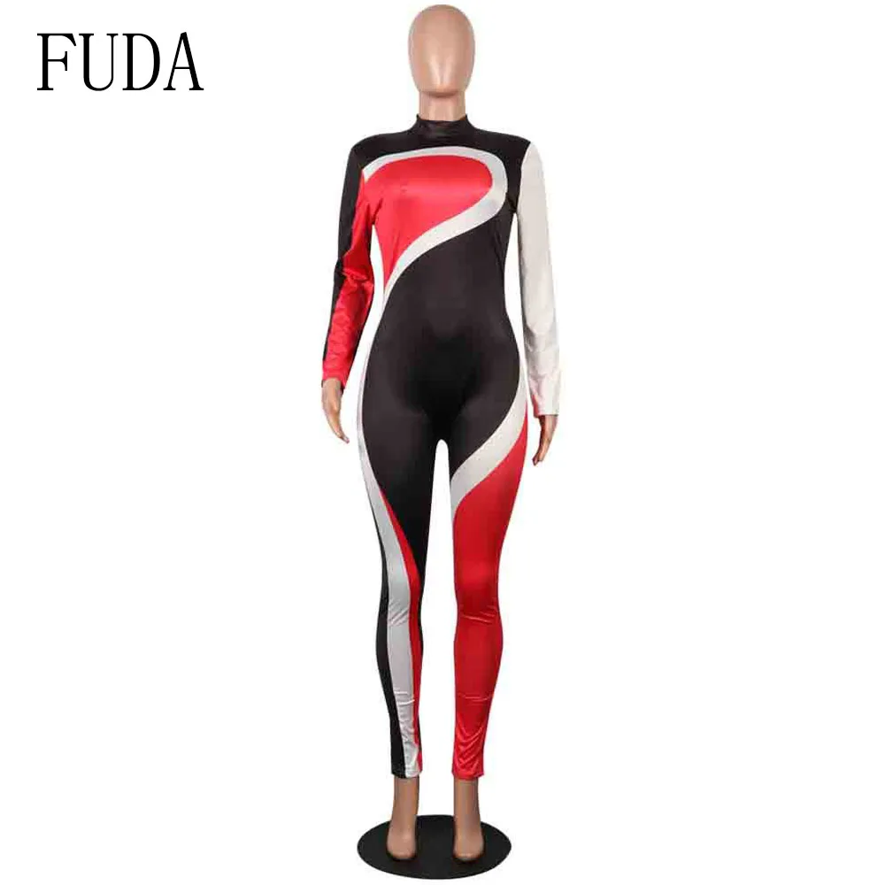 FUDA Autumn Casual Patchwork Long Sleeve Women Playsuits Rompers Womens Jumpsuit Bodycon Bodysuit One Piece Pants Overalls