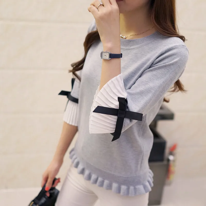2018 Autumn Women Knitted Pullovers Ruffle Bow Chiffon Patchwork Sweater Ladies Flare Sleeve Knitwear Sweaters Short Tops AB951 | Женская