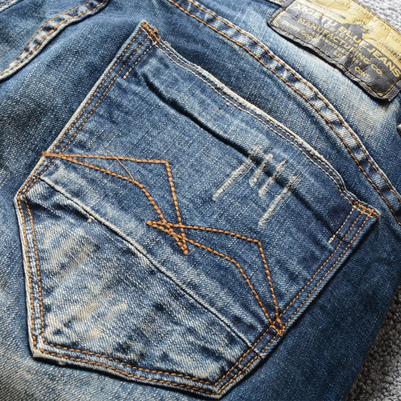 Fashion Streetwear Men Jeans Blue Color Retro Wash Slim Fit Embroidery Ripped Jeans Men Patchwork Hip 5