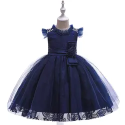Новый стиль, гофрированные, с круглым вырезом, темно-синие, Дешевые Платья с цветочным узором для девочек, 2019 в наличии, бальное платье