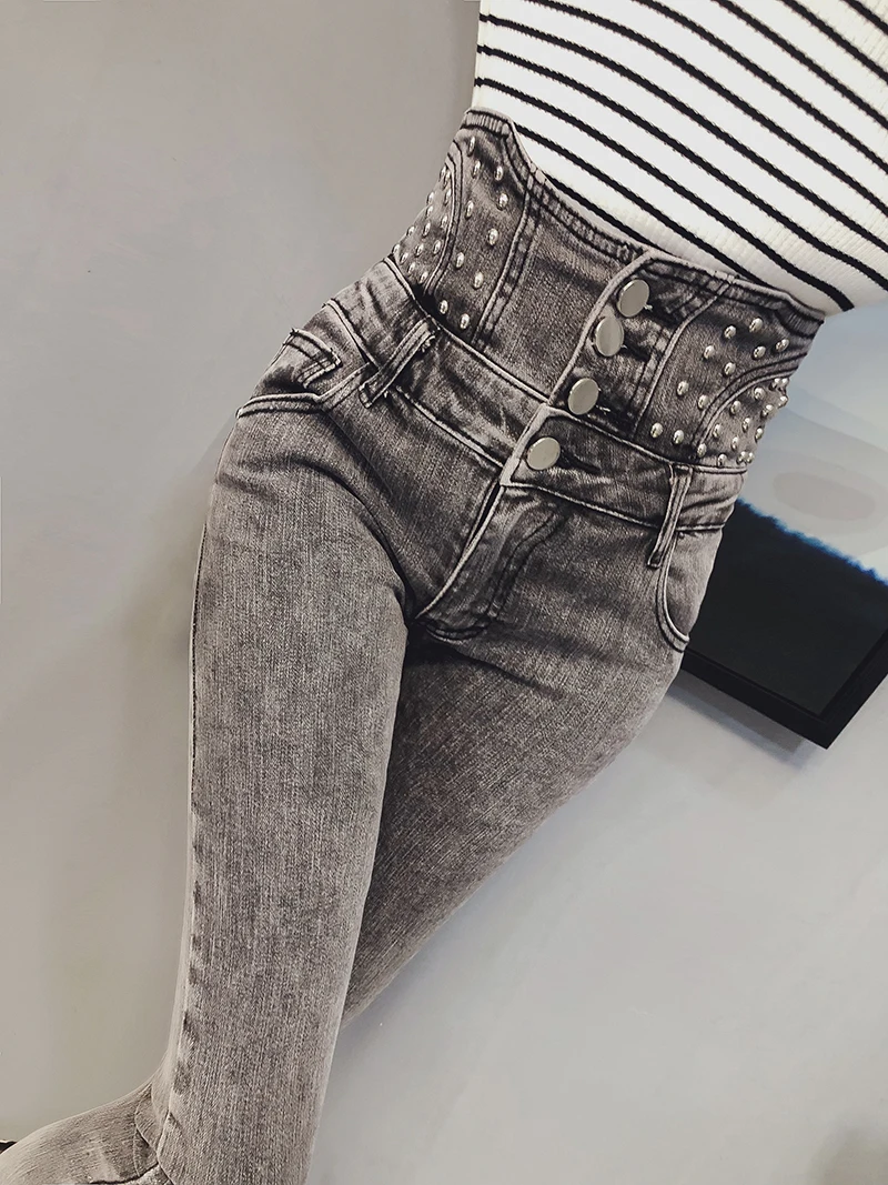 MUMUZI тонкий посылка бедра, высокая талия джинсы для женщин для Высокая мода длинные брюки девочек заклёпки украшен