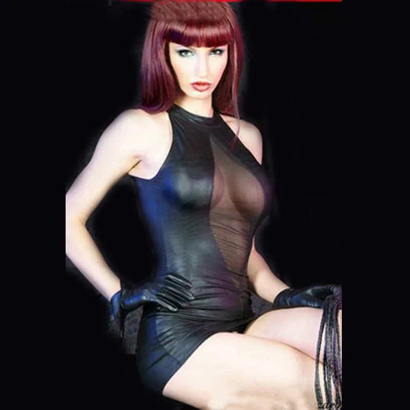 

NEWEST STYLE Sexy Black Gothic Faux Leather Punk Vinyl Clubwear Black Mesh Patchwork Mini Dress Open Bust Party Dress Latex