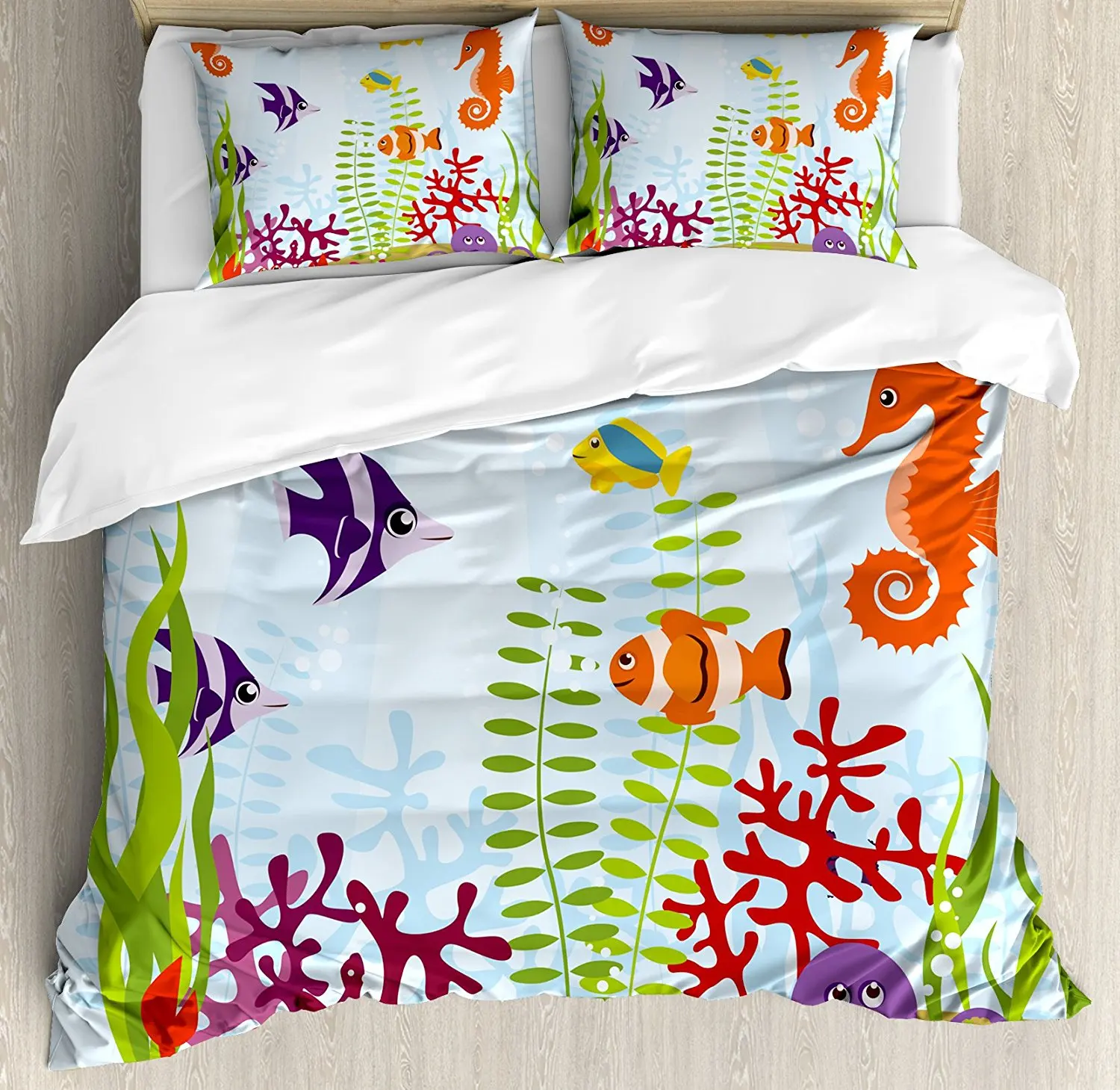 

Aquarium Duvet Cover Set Friendly Sea Animals Tropical Aquatic Habitat Collection Seahorse Crab Octopus 4 Piece Bedding Set