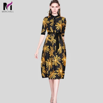 

Autumn Runway Shirt Lace-up Belt Pleated Dress Golden Floral Print Single-Breasted Midi Dresses Holiday Bohemia Long Women Dress