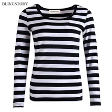 Blingstory элегантный осенний большой размер 6xl футболки для женщин Повседневная Хлопковая полосатая футболка с длинными рукавами дропшиппинг YLM5526