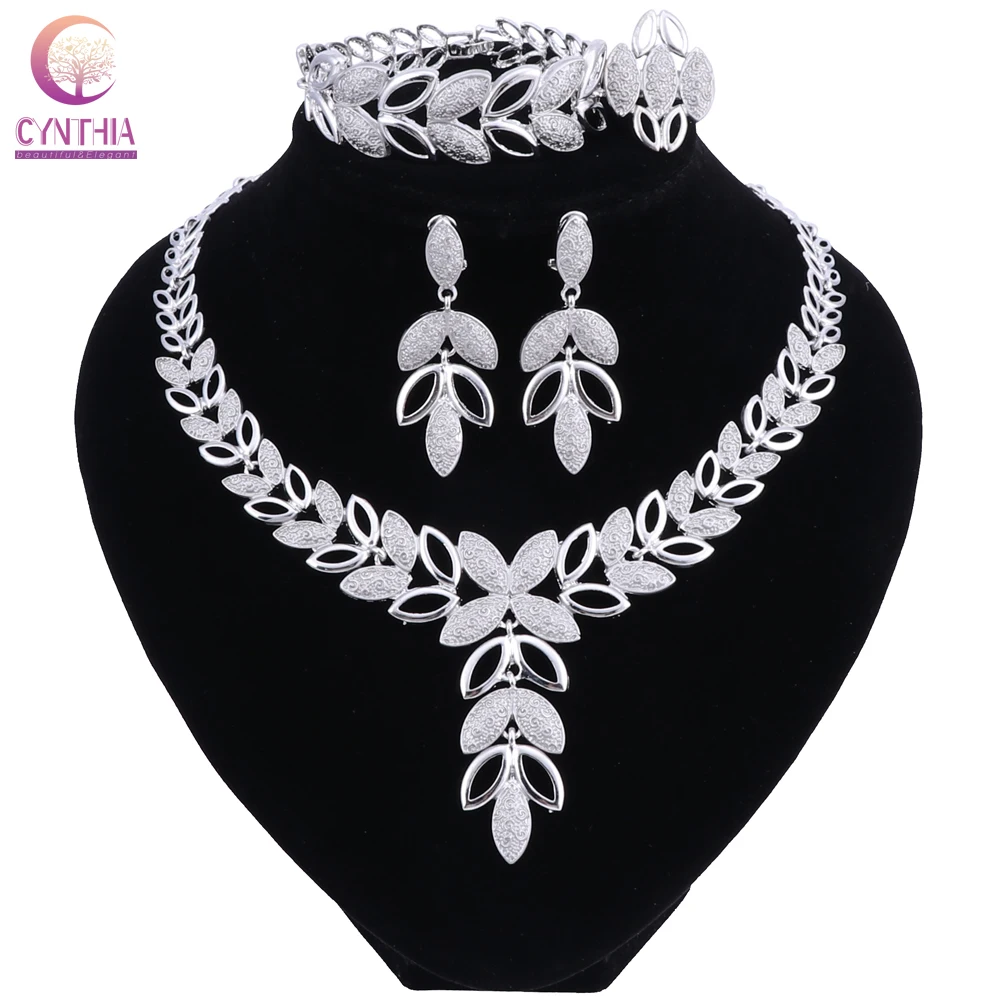 Fashion Leaves Dubai Jewelry Sets Bridal Gift Nigerian Wedding Accessories Silver Plated Jewelry