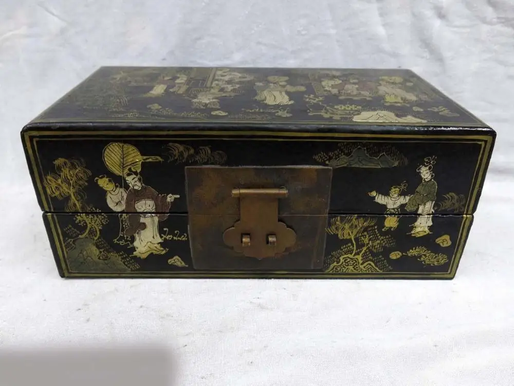 

10" China old wood lacquer fine figure painting accountant abacus Box Statue