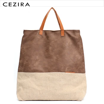 

CEZIRA Large Causal Cotton Linen Vegan Tote Bags Notebook Computer Patchwork 13' Laptop Female School Carry Crossbody PU HandBag