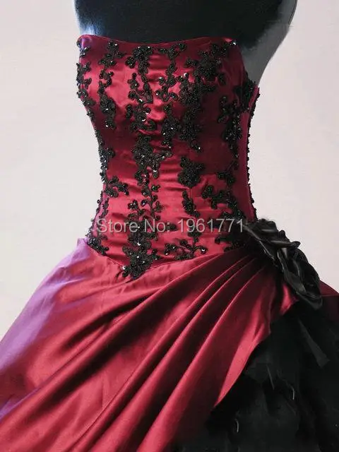 Бордовый черный Свадебные платья в викторианском стиле Готический без бретелек аппликация из органзы корсет Для женщин бальное платье Свадебные платья Плюс Размеры