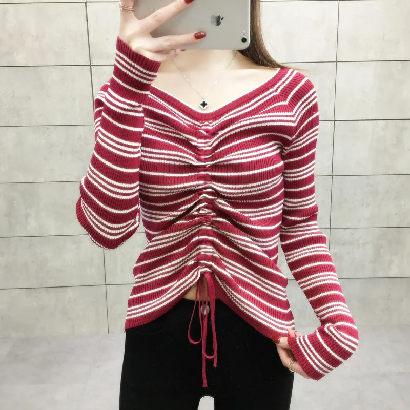 Sweater Women Autumn New Fashion Lady Loose Striped Knitted V-neck Pullover Bandage Elastic | Женская одежда