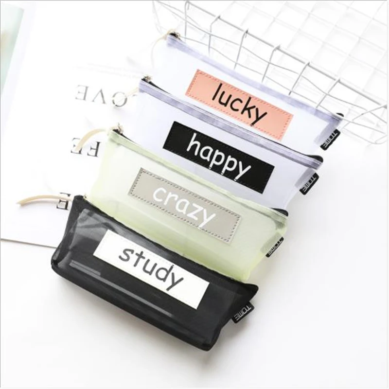 

New Transparent Mesh Pencil Bags Stationery Storage Bag Office School Supplies Nylon Zipper Pencil Cases for Kids Girls Gift