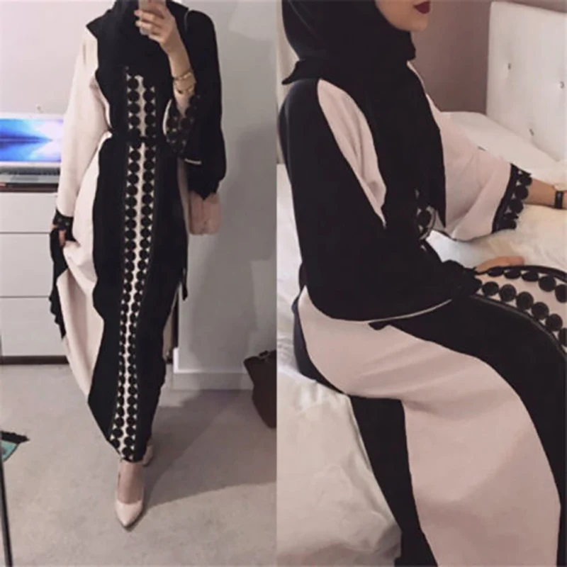 

Dubai Style Lace Trim Black Abaya Fake Two Pieces Jilbab Muslim Islamic Maxi Dress Front Closed Black islamic clothing LR40