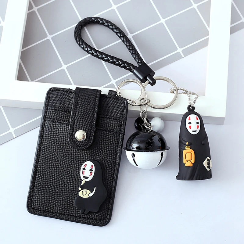 

Cartoon Faceless Women Card Bag Travel PU Leather ID Holders Chain Case Holder Man Kawaii Bank Bus Credit Wallet Keyring Key