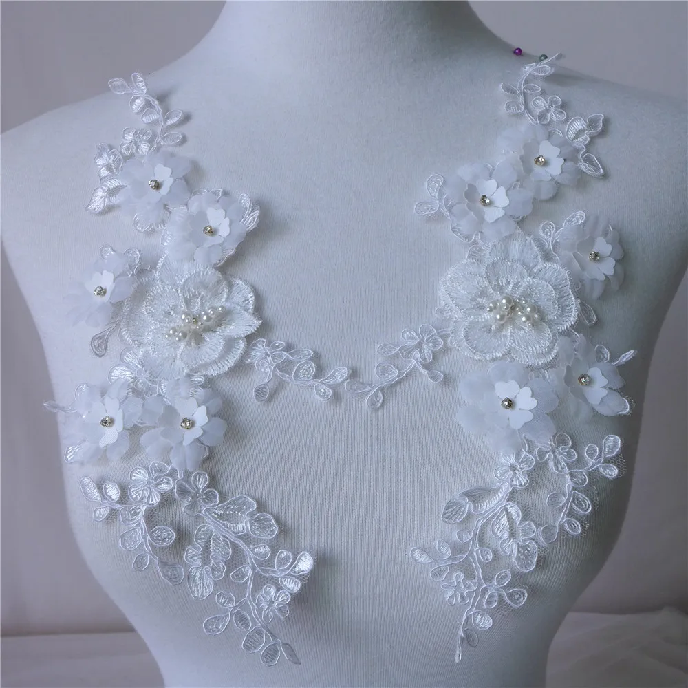 

One Pair White Handmade 3D Flower Lace Appliques Embroidery Rhinestone Applique With Corded For Bridal Gowns Wedding Dress DIY