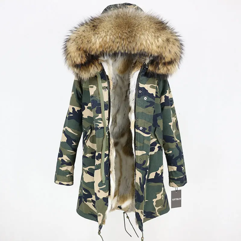 camo natural D Зимняя куртка женская брендовая длинная парка пальто из натурального меха енота меховой капюшон, воротник теплый толстый мех кролика лайнер уличная - Цвет: camo natural D