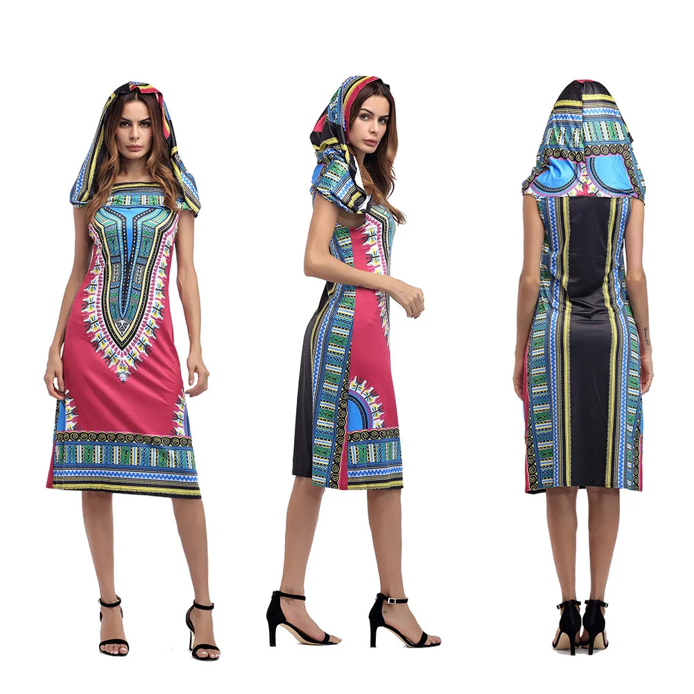 2018 Women Dress Suits Printed Geometric Hooded sleeveless summer printing hooded skirt female fashion national style Dress