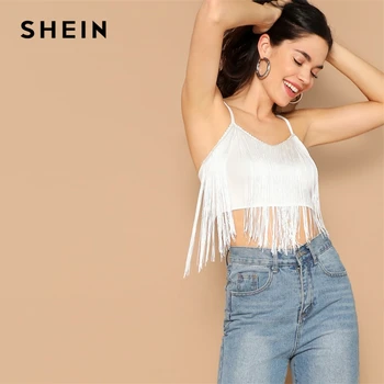 

SHEIN Sexy White Fringe Detail Crop Cami Spaghetti Strap Plain Stretchy Top Women 2019 Summer Party Highstreet 2019 Vests