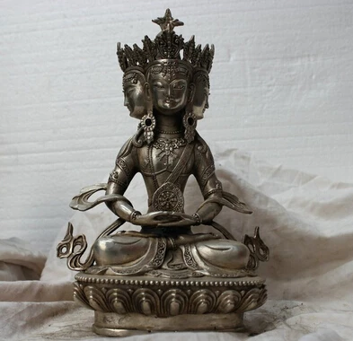 

B0602 12.5" China Tibet Silver Bronze Four Heads KuanYin Erawan Shrine Buddha Statue