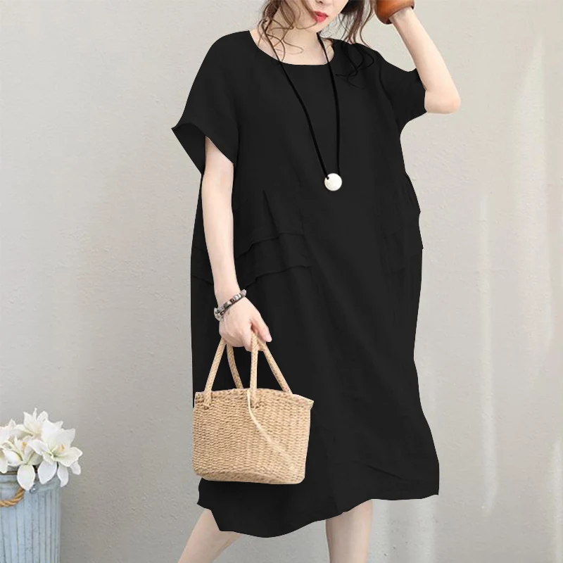 Размера плюс ZANZEA летние женские повседневные однотонные с коротким рукавом винтажные хлопковые льняные свободные вечерние короткие сарафаны платье Vestido Femme - Цвет: Черный