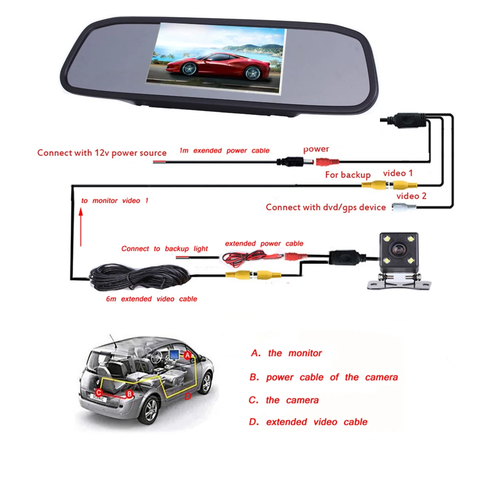 4," автомобильное зеркало заднего вида, монитор, камера заднего вида, TFT-LCD 2 видео для автомобиля, камера заднего вида, водонепроницаемый светодиодный, ночное видение