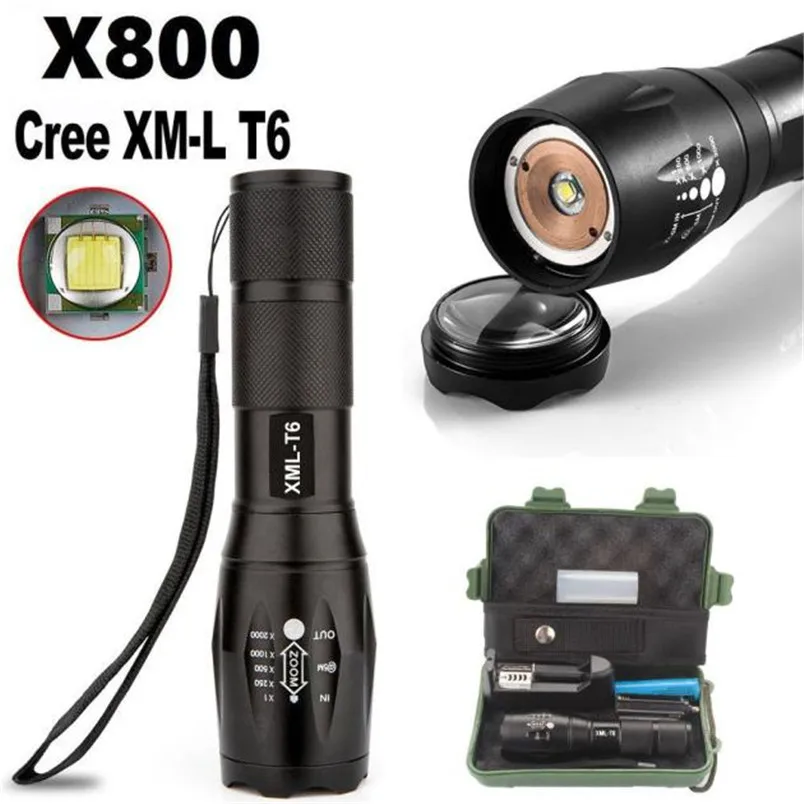 

2017 New G700 X800 Zoomable XML T6 LED Tactical Flashlight+18650 Battery+Charger+Case LED Lamp AAA Free Shipping NM01