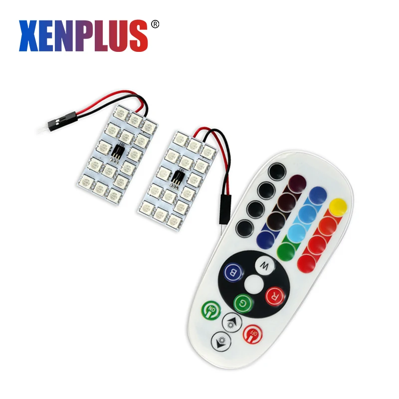 

Xenplus 2pcs RGB LED T10 SMD 15 Festoon Panel lamp Car Interior lights 5050 LED Colorful Remote Control Ceiling Reading Map Lamp