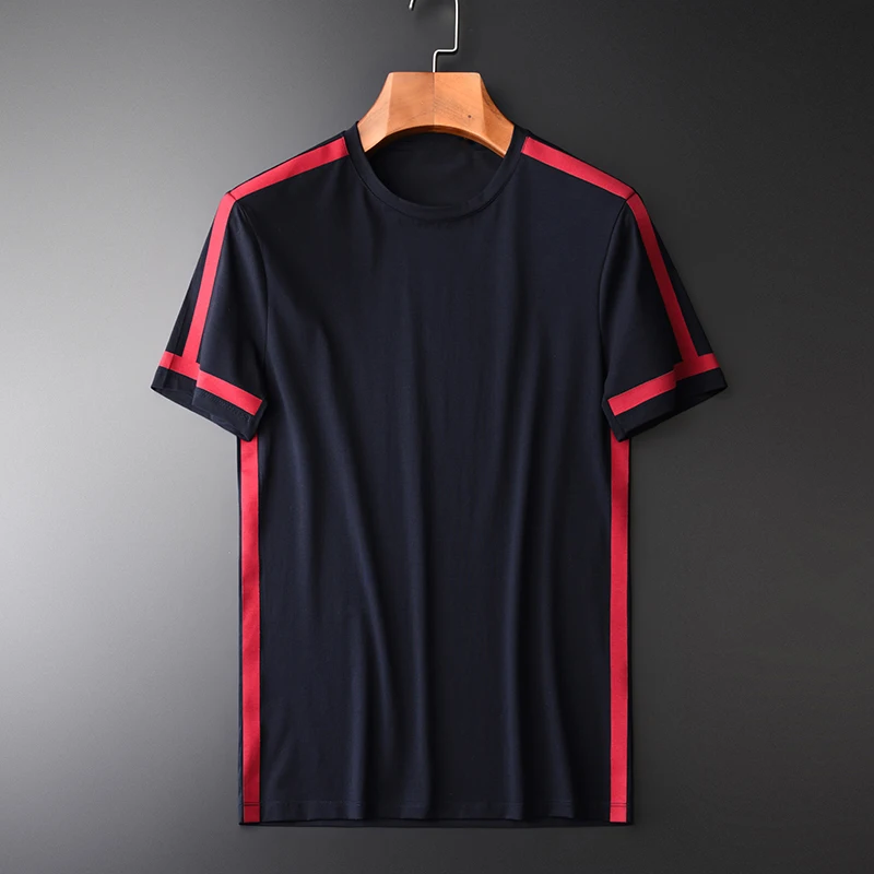 Minglu черный и красный контрастный цвет дизайн круглый воротник с коротким рукавом мужские футболки хлопок спандекс Мужская мода футболки M-4XL