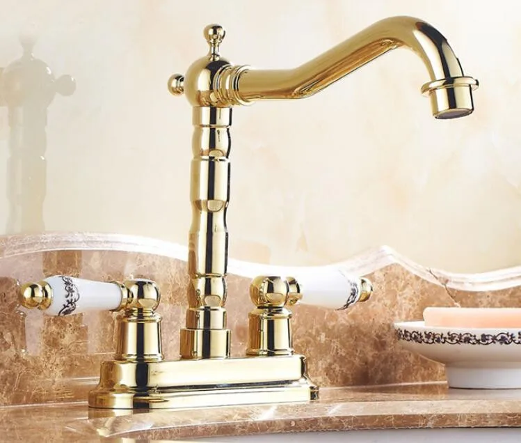 

Free shipping all copper gold double orifice european-style rotating cold hot basin sink basin faucet washbasin faucets