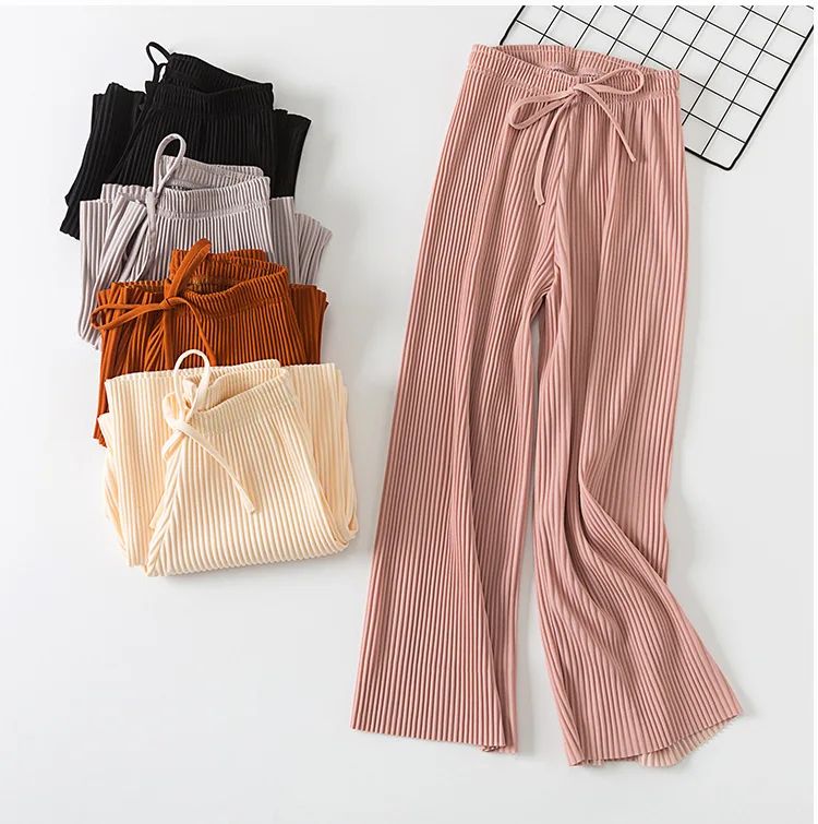 2018 new PANT WOMEN GIRL solid color pleated wide leg female summer high waist chiffon long students Korean fashion casual pants -