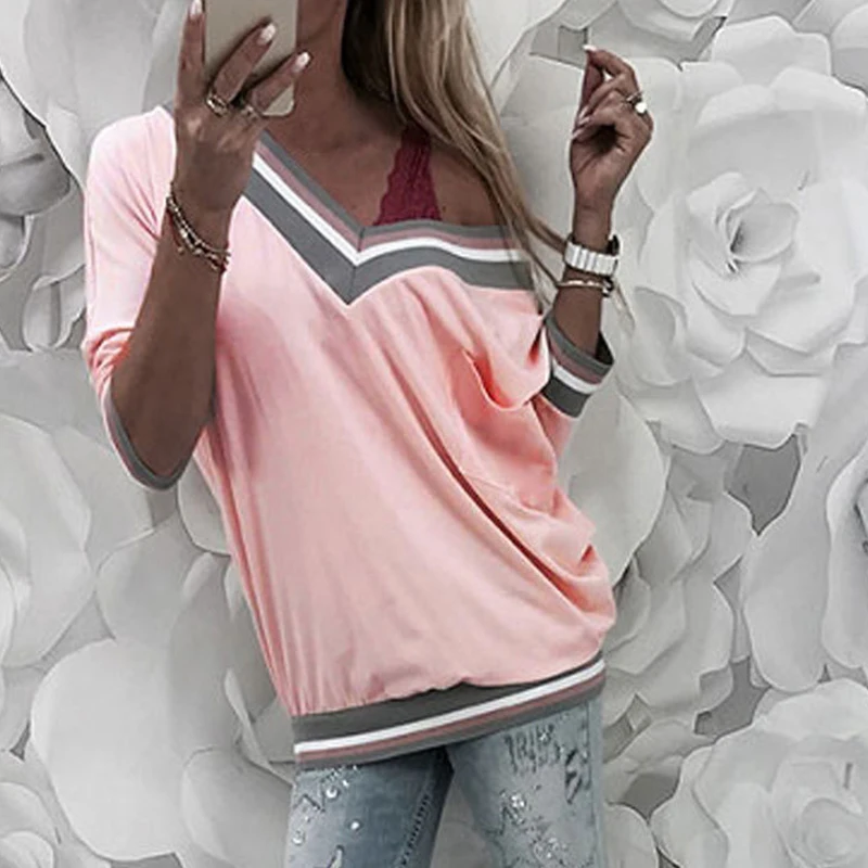 

Dropship 2019 New Long Sleeve T-Shirt Women Casual Loose Tops Large Size Tee Shirt Femme Patchwork Sexy V-Neck Female T Shirts