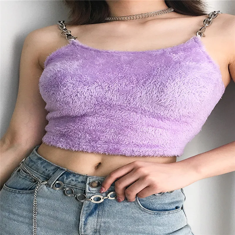 

2019 Fur Metal Chain Strappy Vest Tops Summer Womens Sexy Sleeveless Crop Top lim Lady Bralette Tops Tanks Camis