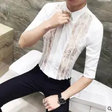 Кружевные Черные и белые мужские платья, модные летние рубашки для выступлений с коротким рукавом, рубашки для смокинга, дизайнерские сексуальные мужские рубашки Homme