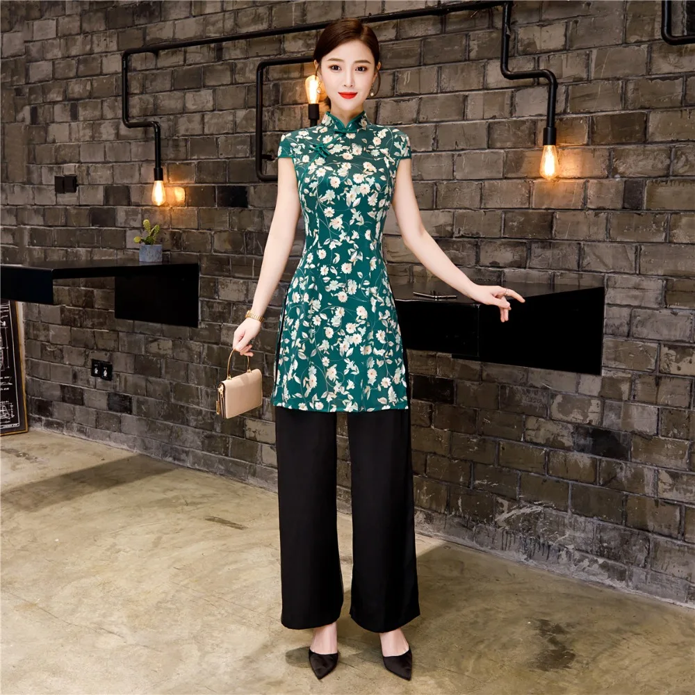 Шанхай история Ципао с коротким рукавом топ + брюки комплект Китайская традиционная одежда для женщин Qipao 2 стиль