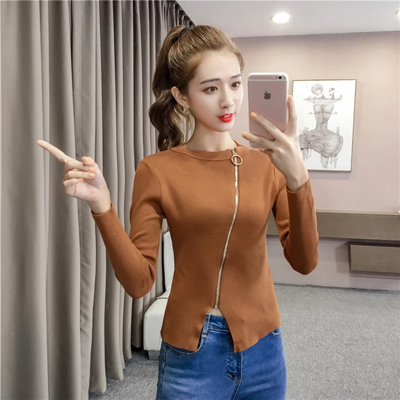 New Slim Zipper Dew Navel Sweater Women Solid Color Knitted Top Female Sexy Hight 2018 Autumn Winter Long Sleeve Bottoming Tops
