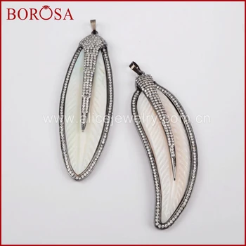 

BOROSA CZ Micro Pave Natural White Shell Leave Pendant Bead,High Quality Crystal Paved Zircon Pendant Druzy Pendant WX463