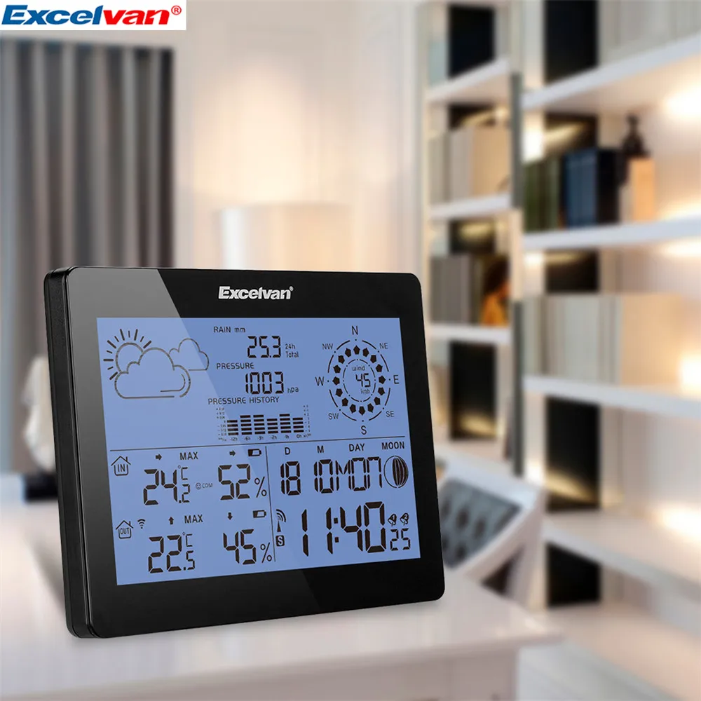 EXCELVAN Wireless Weather Station With Forecast Temperature Wind Speed & Rain Humidity Barometer Moon Phase Alarm Clock01