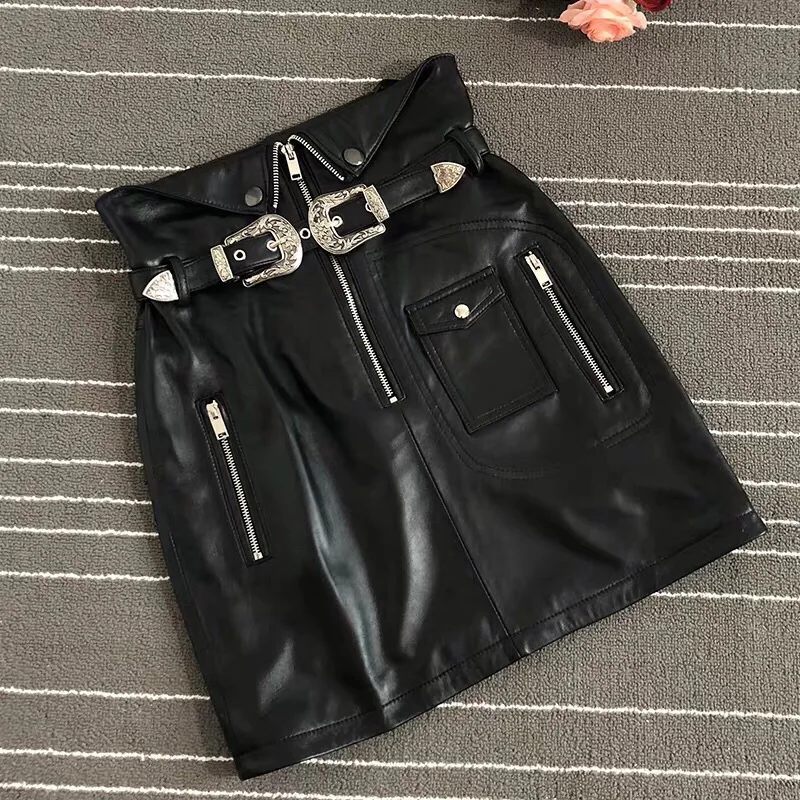

New arrival high quality women's leather skirts 2019 Fall sheepskin real leather belt skirts Chic high-waist A-line Skirt A595