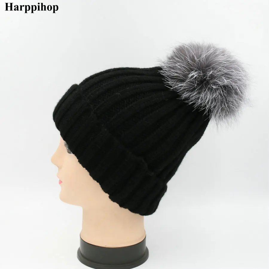Harppihop настоящая меховая вязаная шапка настоящий большой енот Pom шляпа женская зимняя шапка