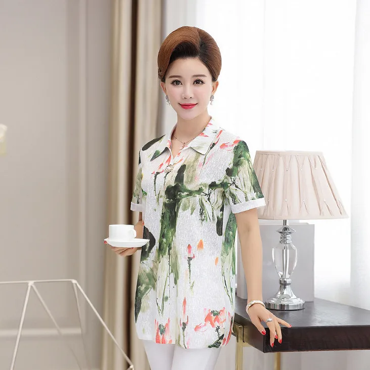 

short sleeve top middle age women chiffon t-shirts summer plus size mother printed flower short sleeve turn-down collar tshirt