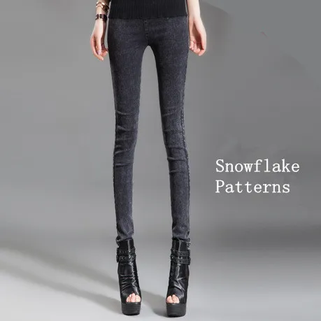 Зимние Бархатные теплые леггинсы, штаны для фитнеса, джинсы, джеггинсы, Стрейчевые тонкие флисовые брюки-карандаш, женские черные леггинсы с эластичной резинкой на талии - Цвет: Snowflake patterns