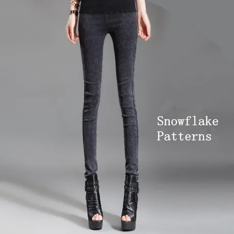 Snowflake patterns Зимние Бархатные теплые леггинсы, штаны для фитнеса, джинсы, джеггинсы, Стрейчевые тонкие флисовые брюки-карандаш, женские черные леггинсы с эластичной резинкой на талии - Цвет: Snowflake patterns