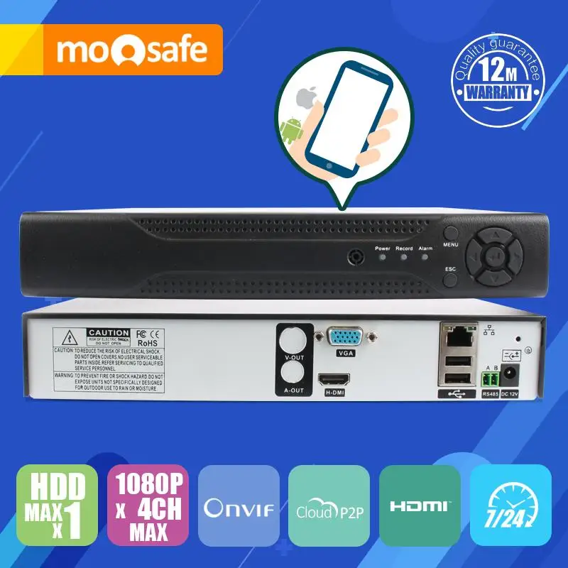 NVR 4CH 1080 P Поддержка HDD H.264 Цифровой Сетевой Видеорегистратор P2P Onvif Совместимость