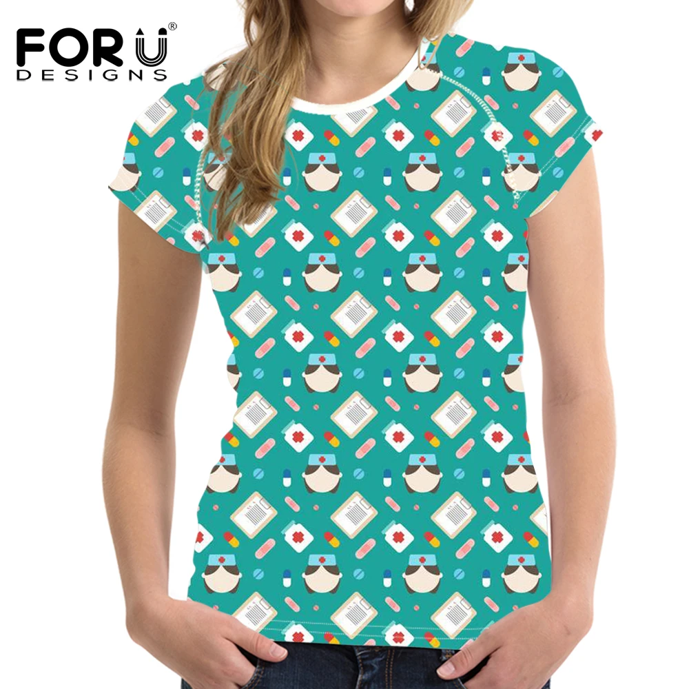 FORUDESIGNS/милый мультяшный принт медсестры с круглым вырезом, повседневный уличный топ с коротким рукавом, женская футболка Harajuku, летняя женская футболка