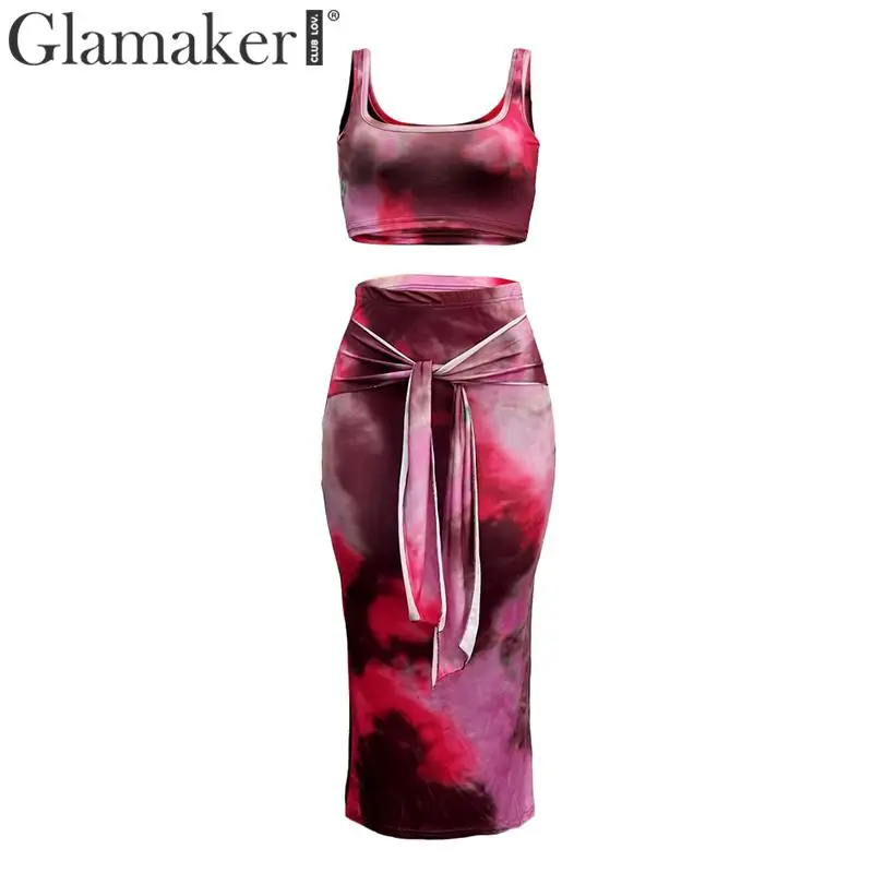 Glamaker, сексуальный галстук, окрашенный принт, костюм из двух частей, платье миди, женское, без рукавов, Бандажное платье, летнее, бодикон, вечерние, для клуба, элегантное платье - Цвет: Розовый