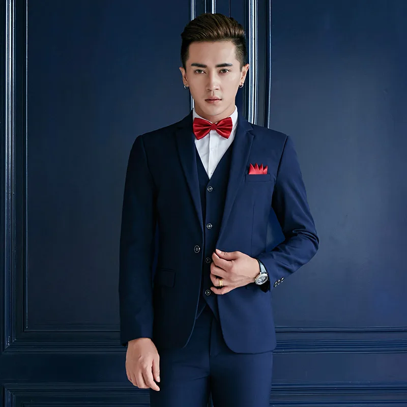 Синий костюм для мужчин Slim Fit Пром 3 предмета s бизнес строгий костюм; для жениха Свадебные(куртка+ брюки для девочек жилет - Цвет: Синий